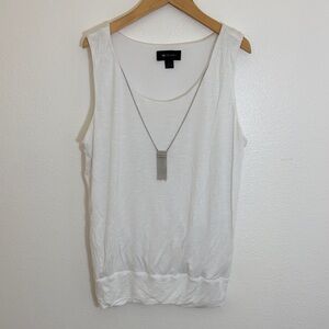 AB Studio White Sleeveless Tank with Tassel Necklace Accent